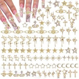 130 Pcs Alloy Gold Star Cross Nail Charms, 21 Styles 3D Y2K Metal Star Cross Moon Planet Gold Nail Charms and Gems for Nails Art Design DIY Accessories