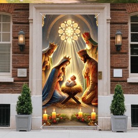 IVN Christmas Door Cover Banner 71x35 Inch Holiday Front Porch Door Decoration Nativity Scene Holy Family Three Wise Men Magi Stained Glass for Religious Party Indoor Outdoor Backdrop Decor