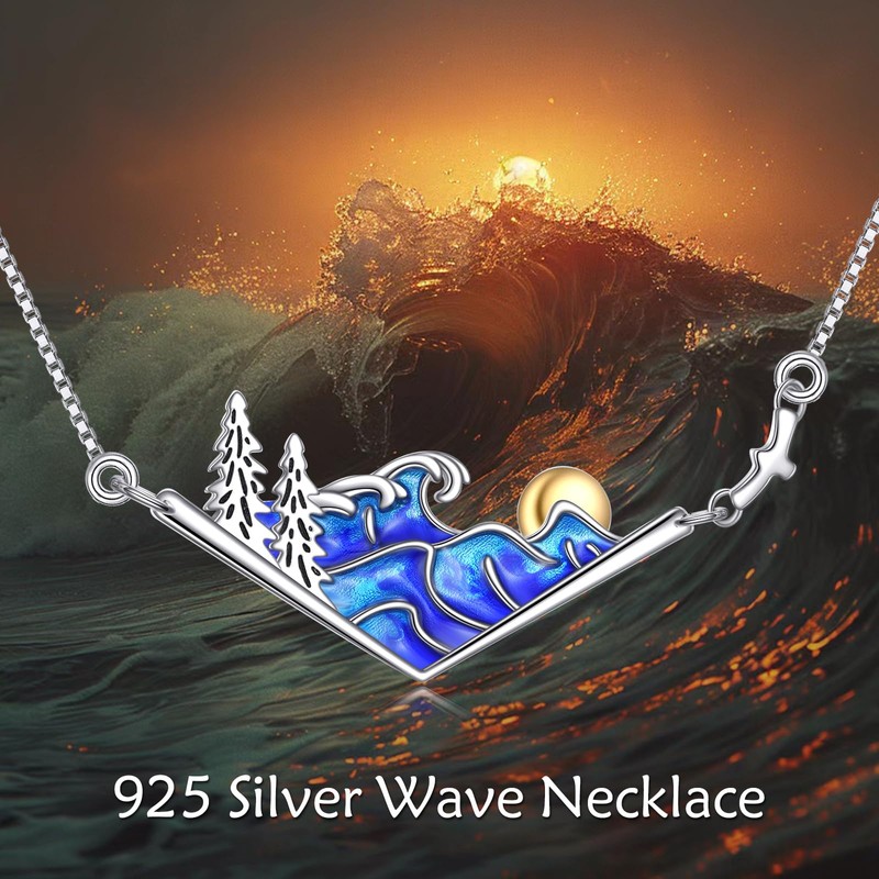 YAFEINI Wave Necklace Sterling Silver 3D Ocean Wave Sun Pendant