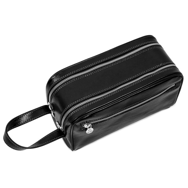 Time Resistance Leather Cosmetic Bag Toiletry Italian Classy Dopp Kit (Black)