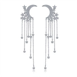 BlackLily Moon and Stars Tassel Dangle Earrings for Women – 50.6mm Hypoallergenic White Gold Plated with AAA Australian Cubic Zirconia, Celestial Crescent Moon and Starry Chain Design, Lightweight Statement Jewelry for Women (Moon Star)
