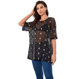 WDIRARA Women's Glitter Sheer See Through Short Sleeve Mesh Top Tee Blouse Black Heart L