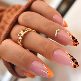 Almond Press on Nails Medium French tip Pink Fake Nails Gold Line Glue on Nails Artificial Glossy Nails Acrylic Full Cover False Nails for Women