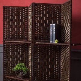 Furnnylane 4 Panel Room Divider and Folding Screen Divider with Shelves,Panel Divider Screen with Removable Storage Shelves,Dark Brown,67" H x 51.2" W