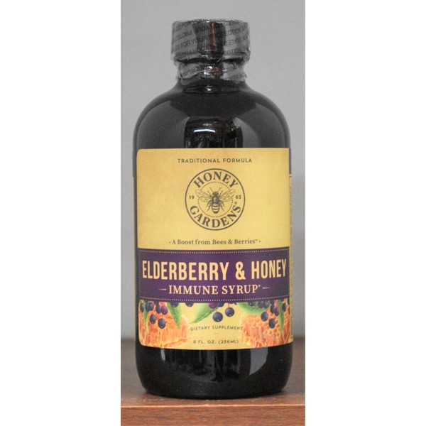 Elderberry Syrup Honey Gardens 8 oz Apitherapy Raw Honey Propolis, Immunity