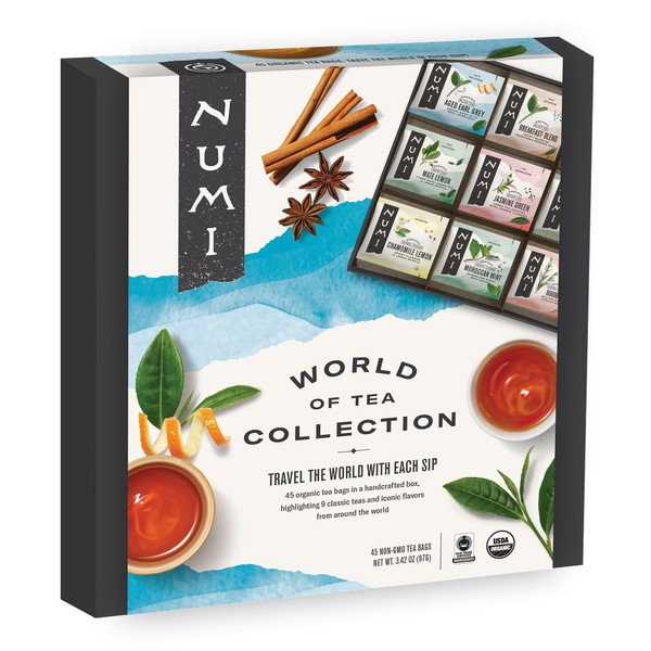 Numi Organic Tea World of Tea Gift Set, 45 Tea Bags, Fair Trade Black, Green, Maté, Rooibos & Herbal Tea Sampler