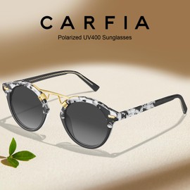 CARFIA Small Black Acetate Polarized Sunglasses for Women UV Protection, Retro Double Bridge Eyewear Metal Brow Sunnies