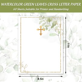 Greenery Cross Stationery Letterhead Paper Christian Letter Writing Notes Greeting Paper for Invitation Office Printing Supplies, 60 Sheet, 8.5 x 11 Inch