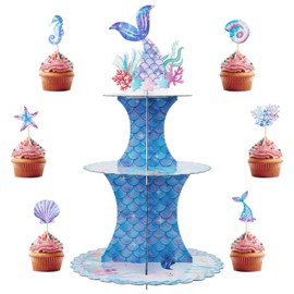 Mermaid Cupcake Stand Birthday Party Decorations, 3 Tier Mermaid Cupcake Holder, Under The Sea Cupcake Tower Stand Tail Topper for Baby Shower Birthday Party Supplies with 24pcs Ocean Cupcake Toppers