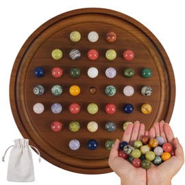Wahartoly Wooden Marble Solitaire Board Game Classic Natural Stone Marbles with 36 Natural Marble Marbles Classic Marble Game Durable and Sturdy Solid Wood Gaming Board Set (Medium)