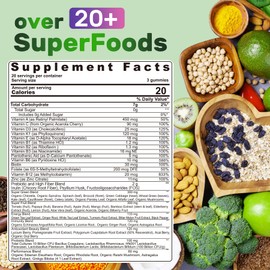 Super Greens Gummies, Greens Superfood Powder Alternative w/Spirulina, Chlorella, Prebiotic Fiber, Probiotic, Fruit Veggie, Daily Fruit Vegetable for Digestive & Gut Health, Immunity, Focus, 120 Cts