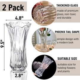 Pumtus 2 Pack Glass Flower Vases, 9.5 Inch Thickened Clear Phoenix Tail Vase, Decorative Modern Plant Vase for Centerpieces, Home Decor, Wedding, Party, Office