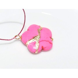 Kintsugi 20mm Pink Howlite Broken Sakura Blossom Mended with 23k Gold, Cord Necklace