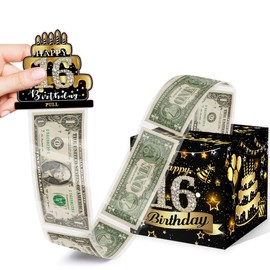 16 Years Old Surprise Box Gift Box for Pull, 16th Birthday Money Gift Ideas, Black Gold Birthday Party Decor, Money DIY Set-Included 35 Bags