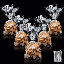 Outus 100 Pcs Christmas Favor Bags Snowflake Santa Claus Treat Bags Flat Cellophane Plastic Bags for Bakery Popcorn Cookies Candies Dessert with 100 Pieces Twist Ties (Clear with White,Snowflake)