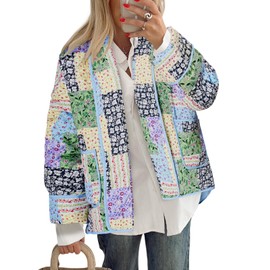 Tankaneo Womens Floral Patchwork Quilted Jacket Lightweight Cropped Open Front Puffer Coat Fall Oversized Short Outerwear