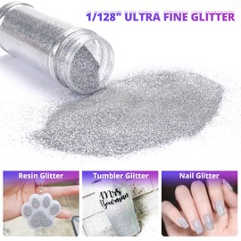 HTVRONT Silver Fine Glitter for Crafts - 200g/7oz Extra Glitter for Resin, 1/128''Portable Ultra Fine Glitter for Tumblers, Nails, Ornaments, Cosmetic, Candle, Body Glitter Powder, Craft Glitter Jar