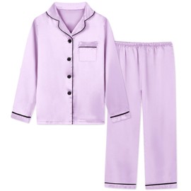Schbbbta Girls Silk Pajamas Set Long Sleeve Satin Button Down Pjs 2 Piece Sleepwear for Kids, Purple, 5-6 Years = Tag 130