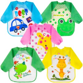 Vicloon Bibs with Sleeves, 5pcs Waterproof Long Sleeve Bib, Baby Feeding Bib, Unisex Feeding Bibs Apron for Infant Toddler 6 Months to 3 Years Old（Pink-Blue-Yellow-Green）