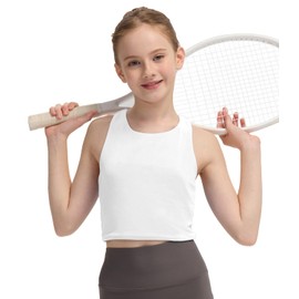Girls Tank Tops Double Lined Crop Tops High Crew Neck Racerback Cropped Basic Sleeveless Dance Top for Ballet Yoga Gymnastics B-White