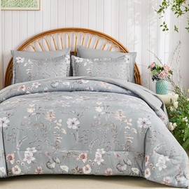 DJY Queen Comforter Set, Grey Botanical Floral Bedding Comforter Sets Queen Size for All Seasons, 7 Pieces Bed in a Bag Lightweight Microfiber Comforter Set with Sheets Pillowcases & Shams