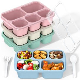 4-Pack Bento Lunch Box, 5-Compartment Lunch Boxes, Kids Snack Boxes, Stackable Ready Parties, Divided Food Storage Containers for School Work Travel Parties BBQ (8036Wheat)