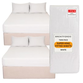 Brentfords Superking Extra Deep Fitted Bed Sheets 2 Pack, Ultra Soft Easy Care Microfibre Bedding Supe King Deep Fitted Sheet Bed Covers Fade Resistant, White Twin Pack
