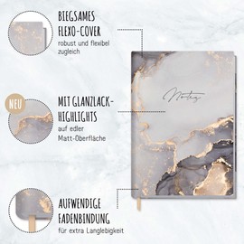 Trendstuff by Häfft Notebook A5 Lined [Grey Marble] 124 Pages, 62 Sheets Ideal as a Diary, Bullet Journal, Idea Book, Writing Book, Sustainable and Climate Friendly