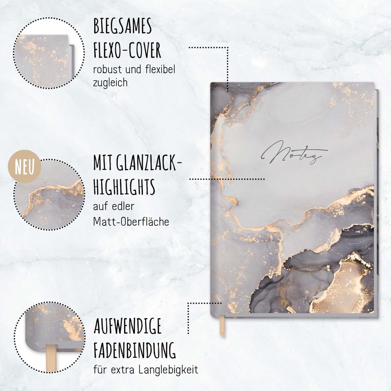 Trendstuff by Häfft Notebook A5 Lined [Grey Marble] 124 Pages,
