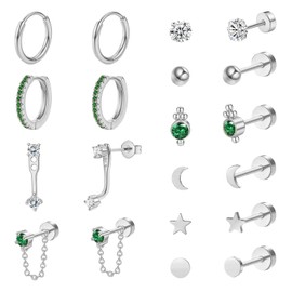 20Pcs Hypoallergenic Earrings for Women,Flat Back Stud Hoop Earrings Zirconia Heart Sleeper Cartilage Earring Set (Silvery,Gold) (silvery)