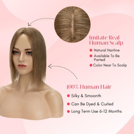 Elailite Hair Topper, Real Hair, #6 Light Brown, 20 cm, Clip-In Toupee, Women's Extensions, Hairpiece, Hair Topper Base, 10 x 12 cm