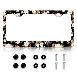 LIN KANG Folk Floral License Plate Frame Colorful Flowers License Plate Holder Universal Stainless Steel Auto Parts Rust-Proof Waterproof Car Decorative Tag Frame for Standard US 12x6 Inch