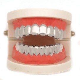 canjoyn 8 Teeth Grillz 18K Gold Top and Bottom Grills Set Shiny Hip Hop Teeth Grillz + Extra Molding Bars