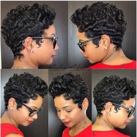 Short Curly Blonde Ombre Pixie Cut Wig With Dark Roots Synthetic Short Afro Curly Wigs for Women Ombre Blonde Wig with Darkroots Fake Hair Wig Curly Hairstyles (Black)