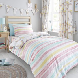 Happy Linen Company Girls Kids Rainbows Sunshine Stripes White Single Reversible Duvet Cover Bedding Set