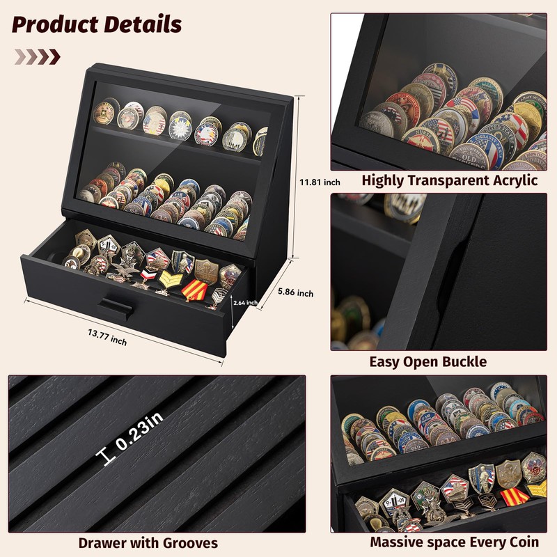 Yoimori Challenge Coin Display Case, Solid Wood Military Coin Holder