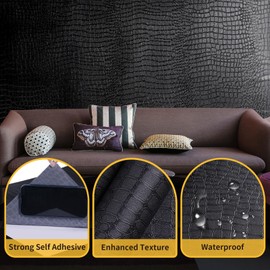Cismmy Black Peel and Stick Wallpaper, 15.7'' X 118'' Crocodile Wallpaper Embossed Easy off Self Adhesive Removable Contact Paper Textured for Cabinet Bedroom with Knife Tape Measure (Cismmy 0001)
