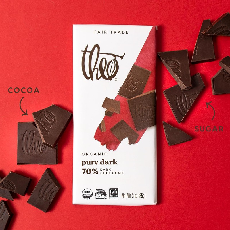 Theo Chocolate Pure Organic Dark Chocolate Bar, 70% Cacao, 12