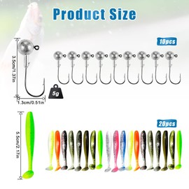 Rubber fish with jig heads, 10 approx. 5 g, lead head hooks, 20 T-tails, artificial rubber fish, fishing equipment, rubber bait fishing set, rubber fish set rubber fish