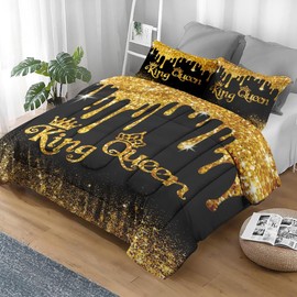 Pamnest Comforter Set Twin Size, King Queen Black Gold 2 Pcs Soft Bedding for Kids and Adults, Cup Royal Love Comforter Set with Pillowcase, for Bedroom Bed Decor