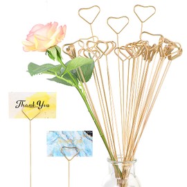 Zonon 30 Pieces Floral Card Holder Picks Heart Shape Place Card Holder Metal Wire Card Note Photo Memo Holder Table Number Pictures Clip Holder for Wedding Party, 13 Inch