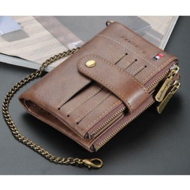 REMARSO Men's Bifold Wallet, Large Capacity, Popular, Folding Wallet, Chain Compact, Coin Purse, Bill Storage, Card Storage, Skimming, Card Case, Men's, Small Buttons, Double Zipper, Chain Wallet,