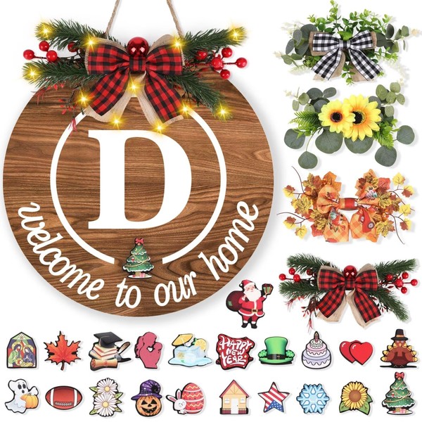 Interchangeable Welcome Sign with 26 Initial Letters 4 Seasonal Wreaths