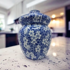 Festcool Blue and White Porcelain Pickling Jar with 2 Lids Fermenting Pickling Kimchi Crock Jingdezhen Chinese Blue Cherry Blossom (14.5 IN)