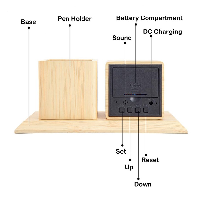ThreeH Wooden Digital Alarm Clock, Pen Holder, LED Time Display,