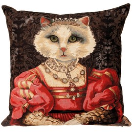 Yapatkwa Belgium Tapestries, Regal Queen Cat in Red Decorative Woven Tapestry Pillow / Cushion Cover, 18" x 18"