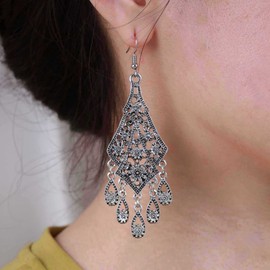 Aneneiceera Vintage Filigree Tassel Earrings Silver Fringe Chandelier Earrings Tribal Hollow Filigree Earrings Long Chain Gypsy Statement Earrings Jewellery for Women and Teenage Girls