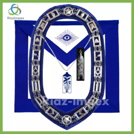 MASONIC BLUE LODGE OFFICER JUNIOR WARDEN APRON, SILVER CHAIN COLLAR AND JEWEL