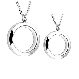 Zysta Couple’s Jewellery Set, 2 x Stainless Steel necklaces with Rhinestones, Sandblasted Floating Charms, Locket Pendant Necklaces for Women and Men, Lovers Chain, Stainless Steel, polished
