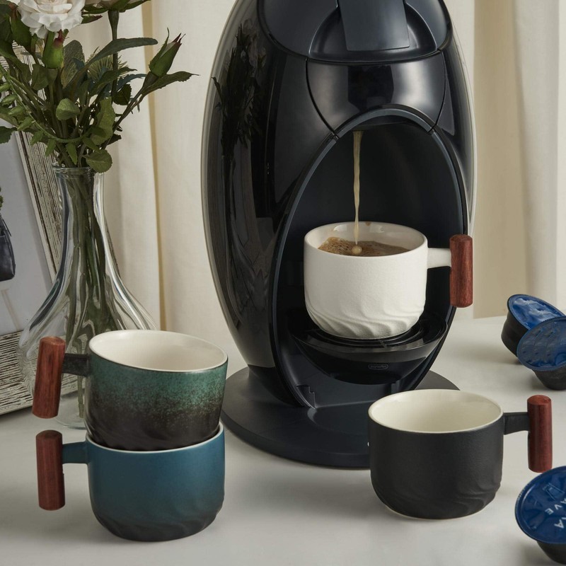 CLASGLAZ 2.5oz Ceramic Espresso Cups with Wooden Handle, Small Coffee